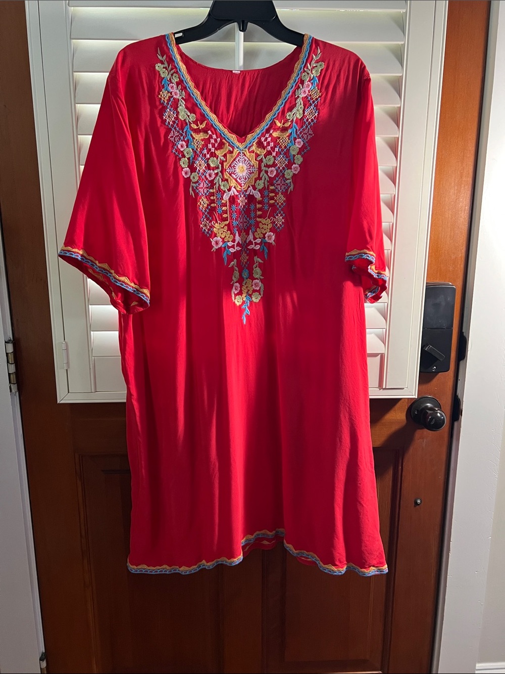Embroidered V-Neck Red Women’s Tunic Dress